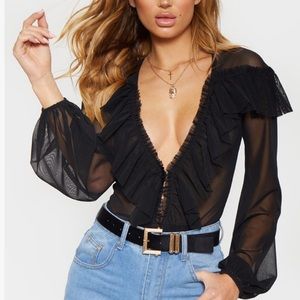 PRETTYLITTLETHING - Black Ruffle Mesh  Bodysuit